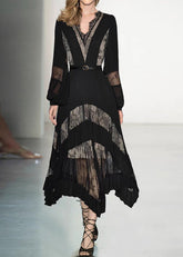 Vestidos largos de moda negros con escote en V, encaje, patchwork y flores, con mangas abullonadas